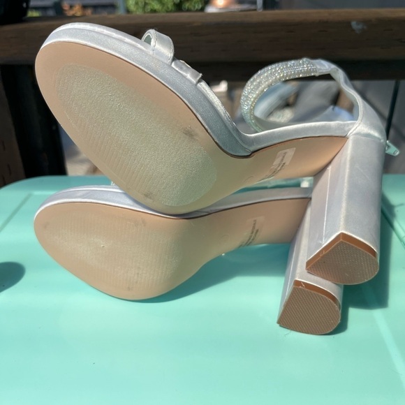 Lulu’s Delary White Satin Rhinestone Ankle Strap High Heel Sandals 7 - Picture 9 of 11
